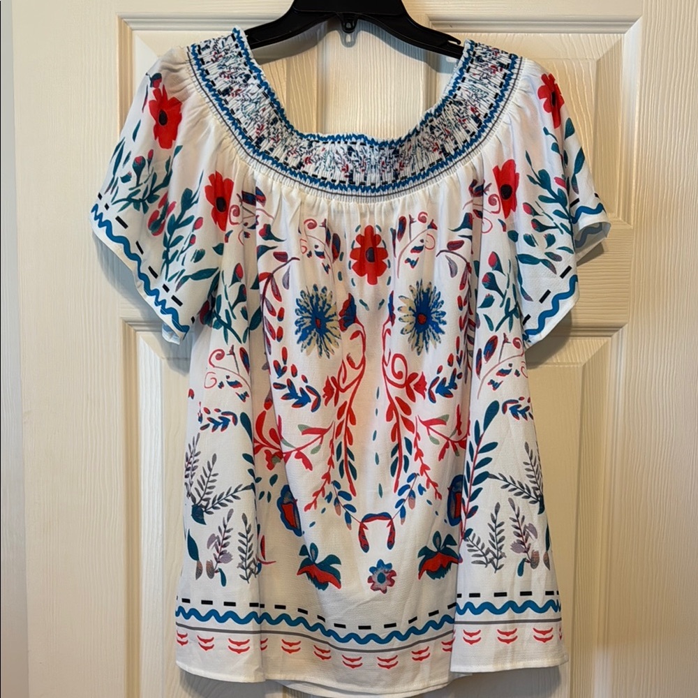 SHEIN Blue and White  Flutter Sleeve Blouse- off the shoulder